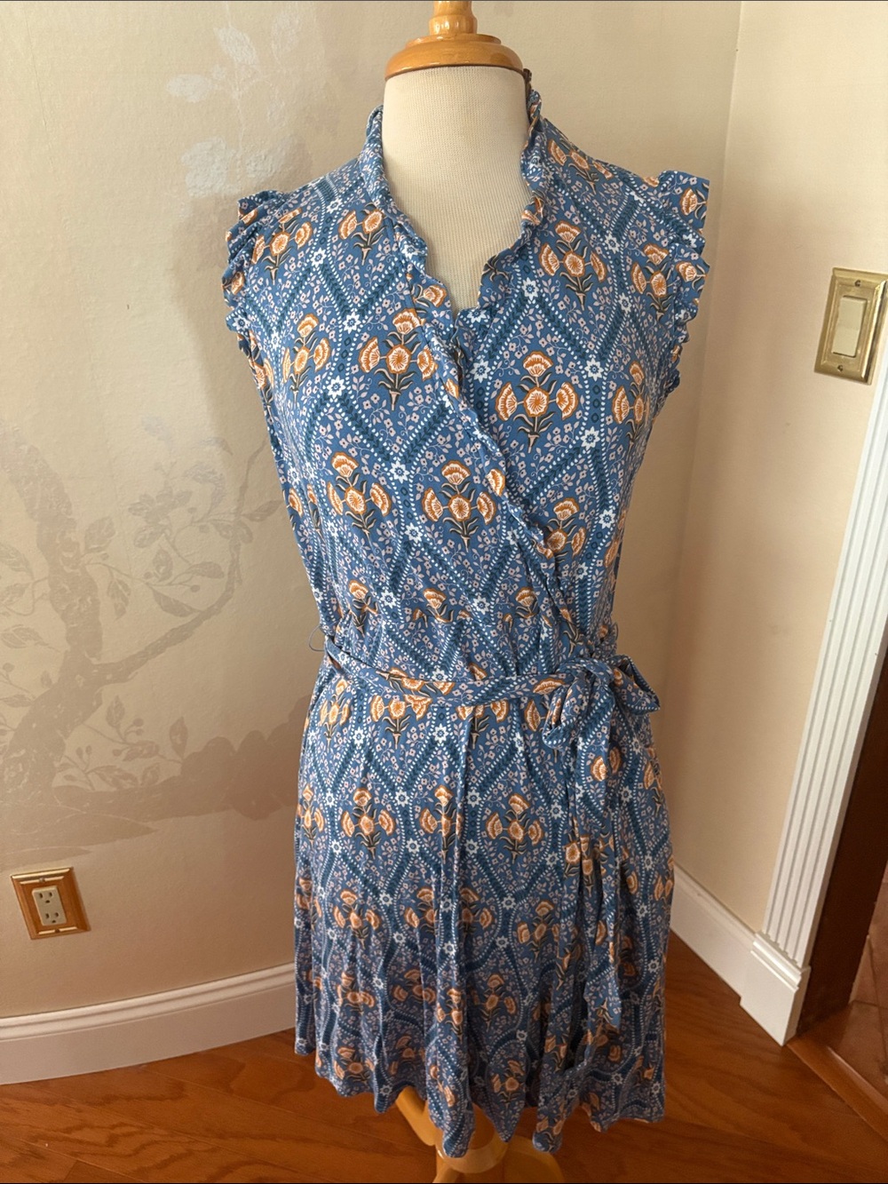 Boden Blue Floral Print Midi Dress with Mustard Accents